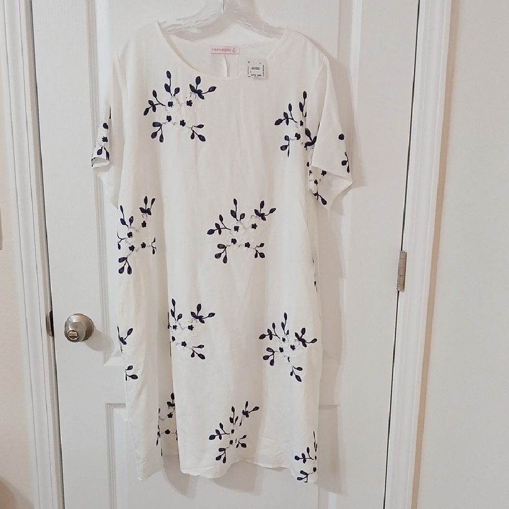 Women's White Midi Dress with Navy Floral Embroidery